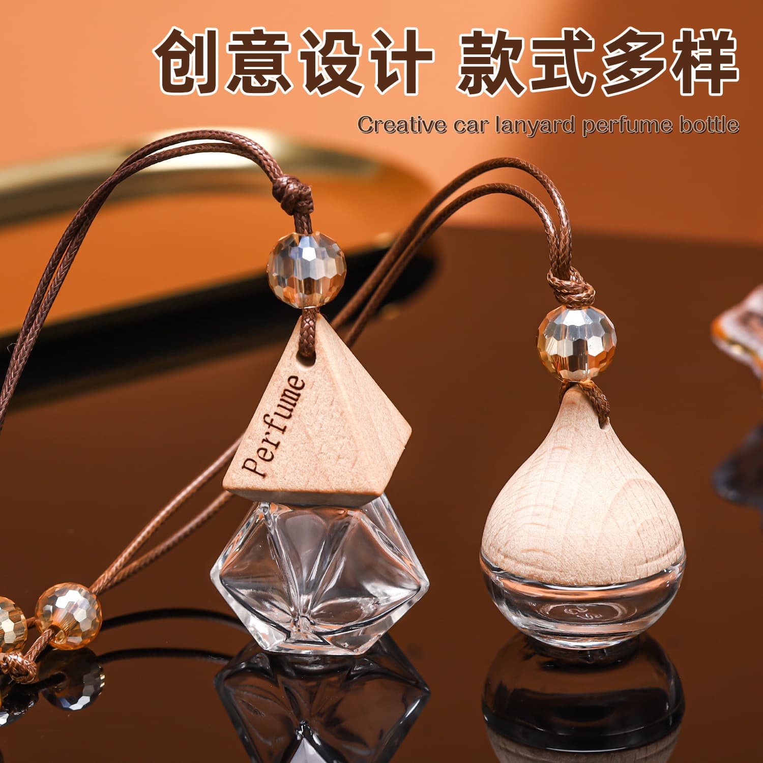 Free shipping car aromatherapy bottle transparent glass perfume bottle triangular cover with lanyard aromatherapy pendant diffuser empty bottle