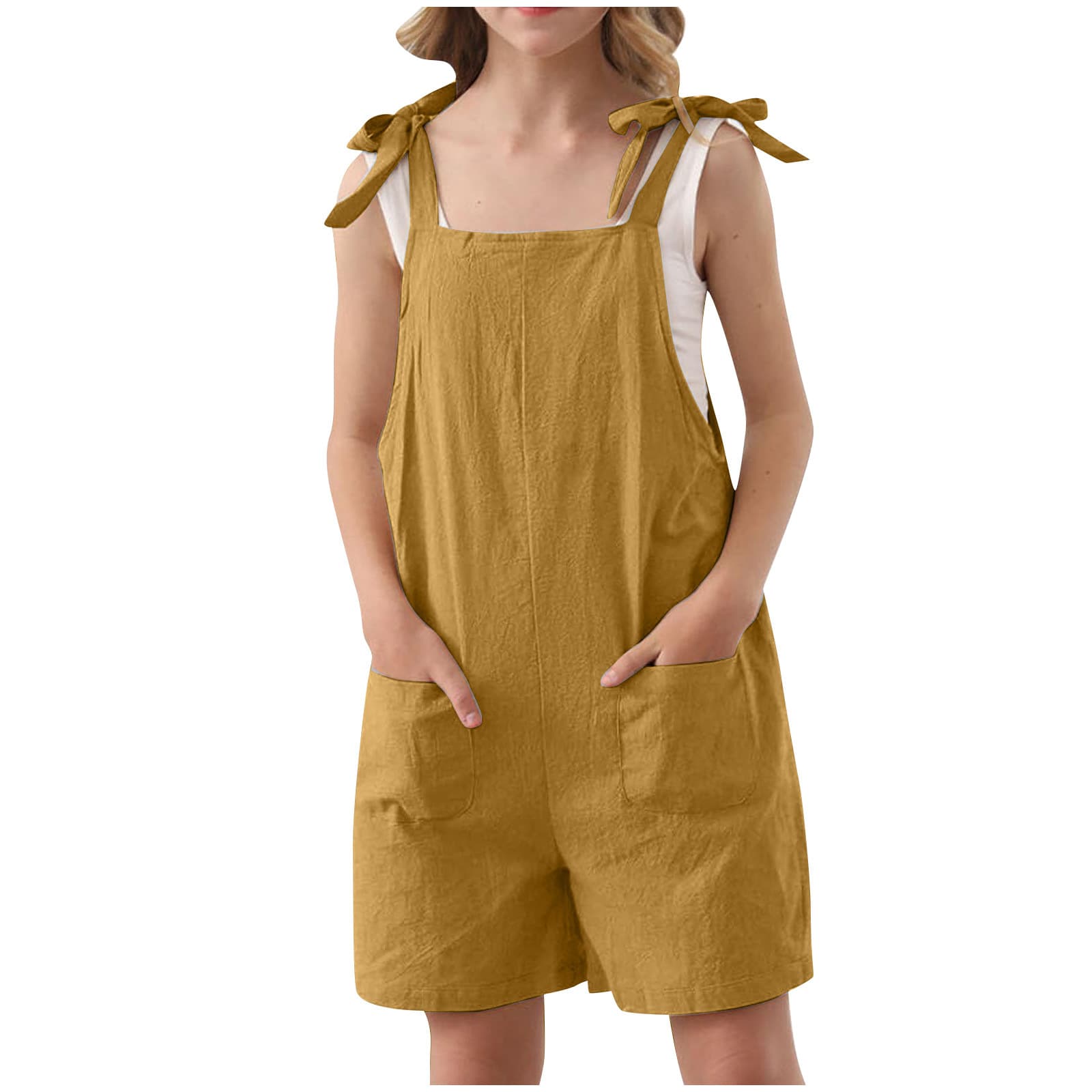 2024 New Cross-border European and American Girls' Solid Color Patch Pocket Loose Casual Tie-Waist Overalls