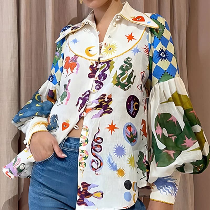 Loose Long Sleeve Shirt for Women with Collar Graffiti Print Lantern Sleeve Spring Cardigan Style Polyester Fiber Wedding Dress