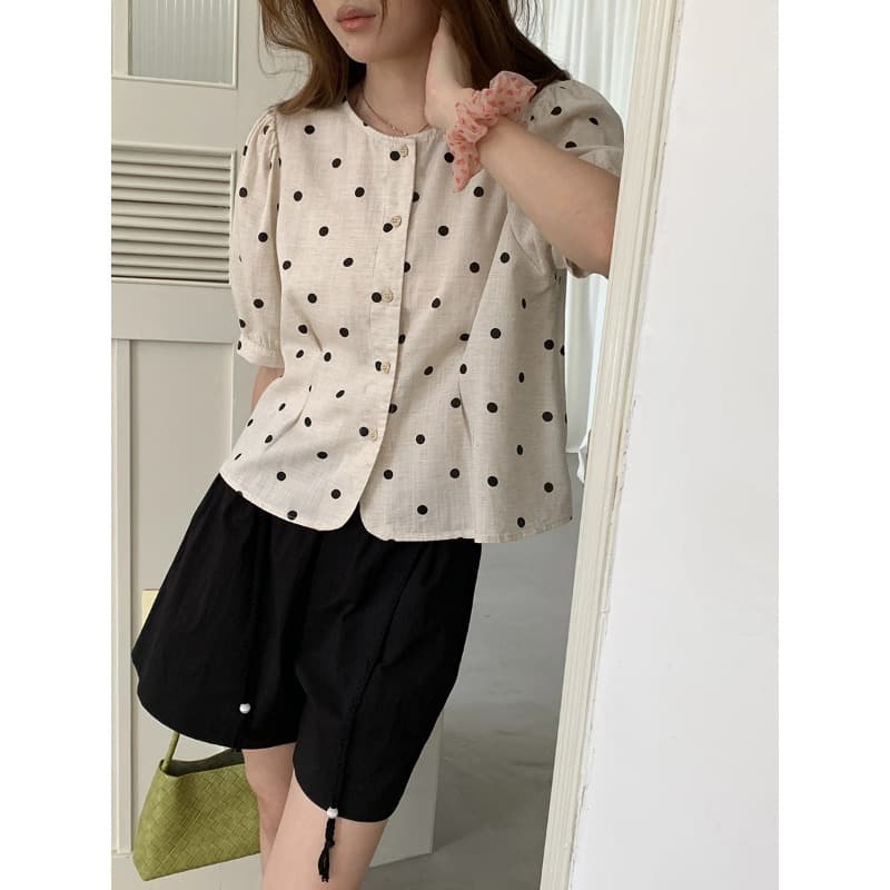 3th Morning South France Summer Tencel Linen Vintage Polka Dot Waist-Cinching Short Sleeve Shirt ZY4225