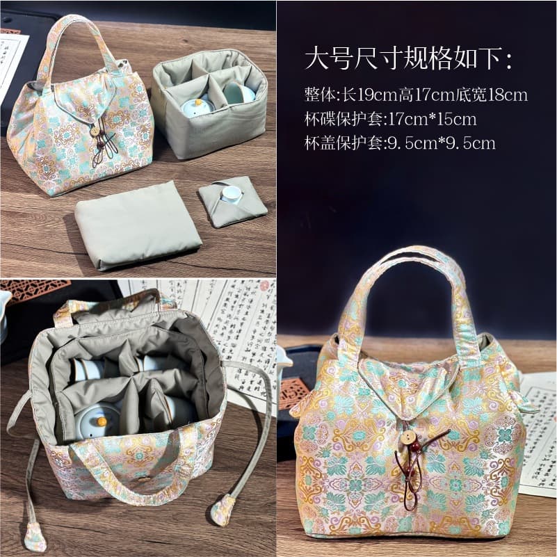 Brocade fabric Chinese embroidery tea bag portable storage bag outdoor tea set storage bag travel tea set handbag