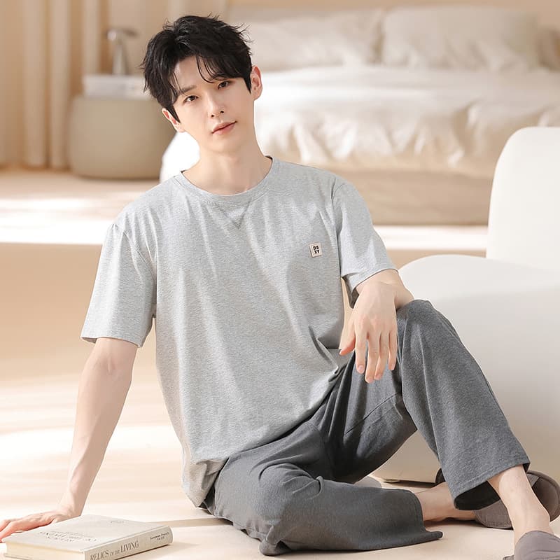 Pure Cotton Men's Pajamas Summer Short Sleeve Long Pants Cartoon Simple Youth Full Cotton Plus Size Homewear Set