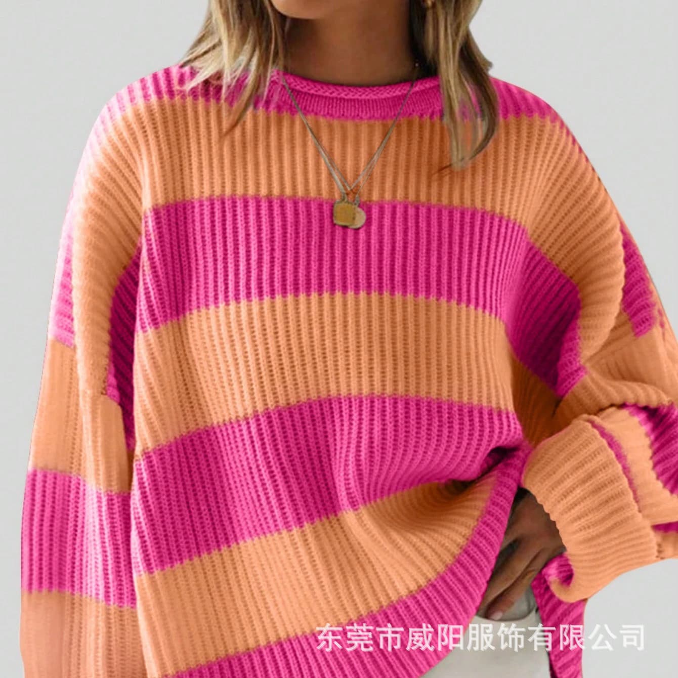 Bat-sleeve loose striped sweater autumn and winter round neck long-sleeved sweater cross-border European and American clothing cashmere cardigan