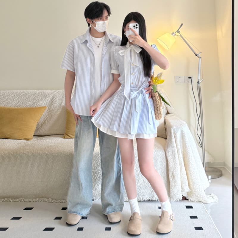 2025 Summer New Striped Shirt Dress Tencel Skirt Women's Dress Men's Shirt Short Sleeve