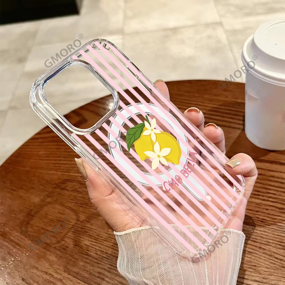 TK's same pink striped lemon Magsafe mobile phone case, sweet girly style iPhone16/15 protective cover wholesale