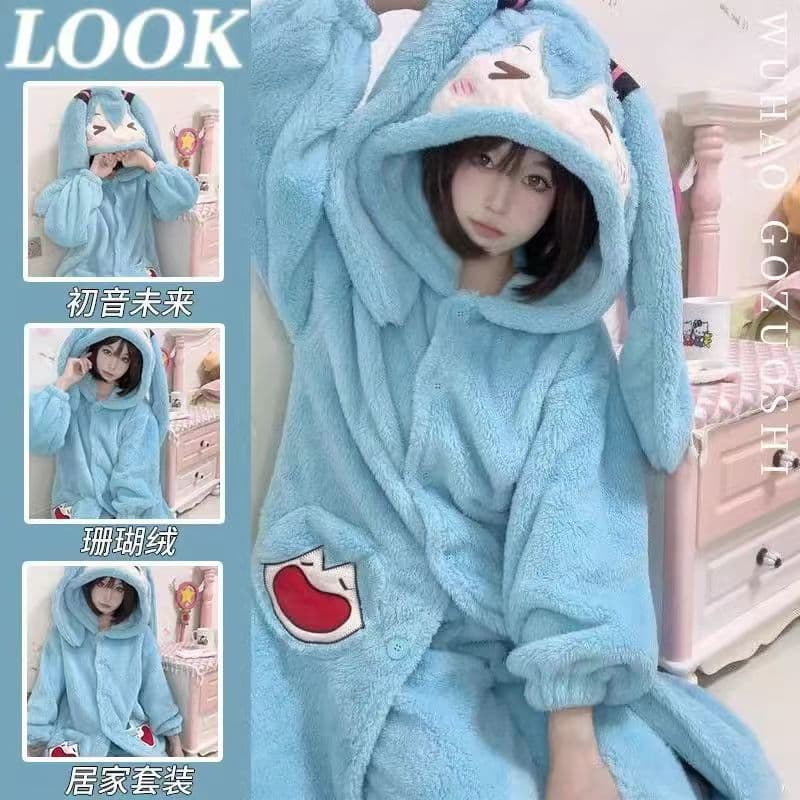 Cross-border Hatonic Future Coral Fleece Nightgown Winter New Thickened Bathrobe Cute Cartoon Warm Home Clothes Pajamas