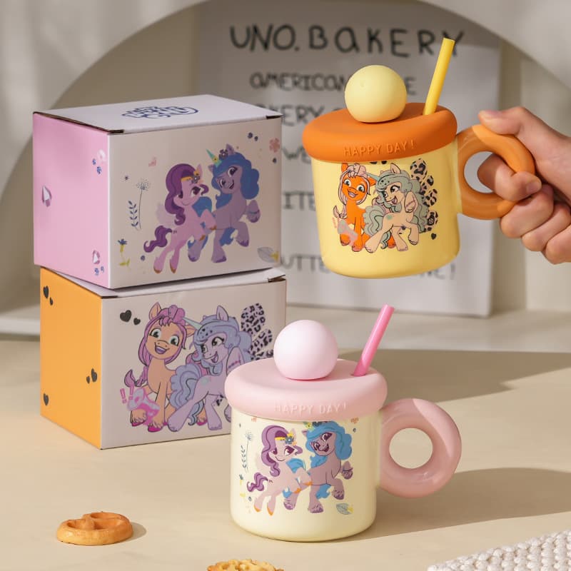Cute My Little Pony ceramic mug with lid, straw cup, cartoon high-looking household breakfast cup, couple cup