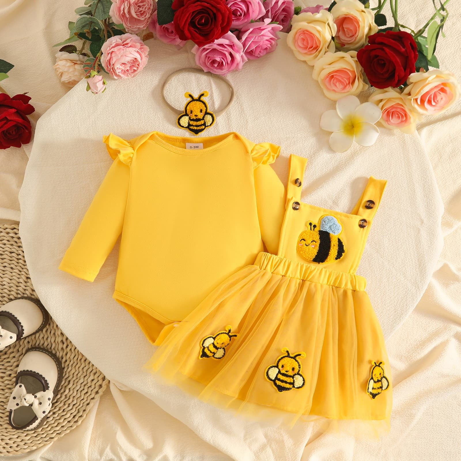 Amazon Autumn Winter Baby Long Sleeve Suspender Skirt Set Solid Color Triangle Bodysuit + Bee Tulle Dress + Hair Tie