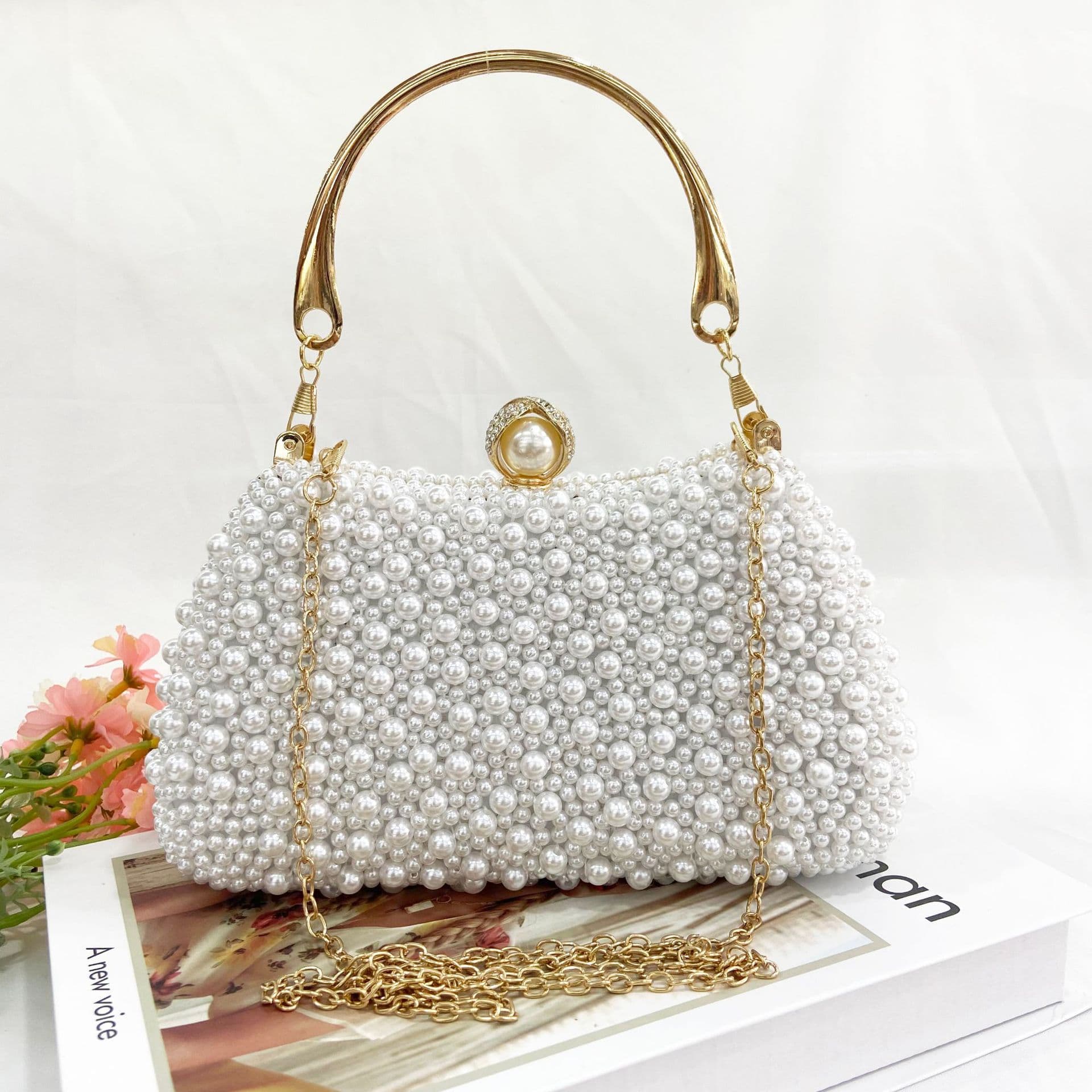 Cross-border trade hand-held pearl evening banquet bag, elegant single-shoulder beaded women's banquet bag, cheongsam dress evening bag
