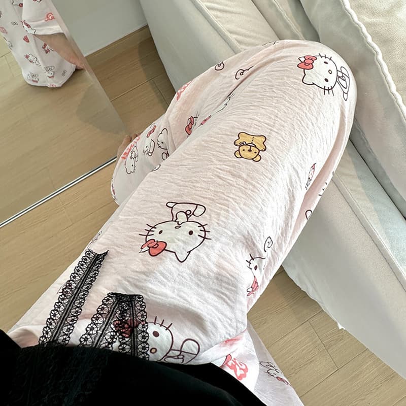 Cartoon Hello Kitty Pajama Pants for Women, Summer Thin Fabric, Loose Casual Lounge Pants, Comfortable Home Leisure Long Pants