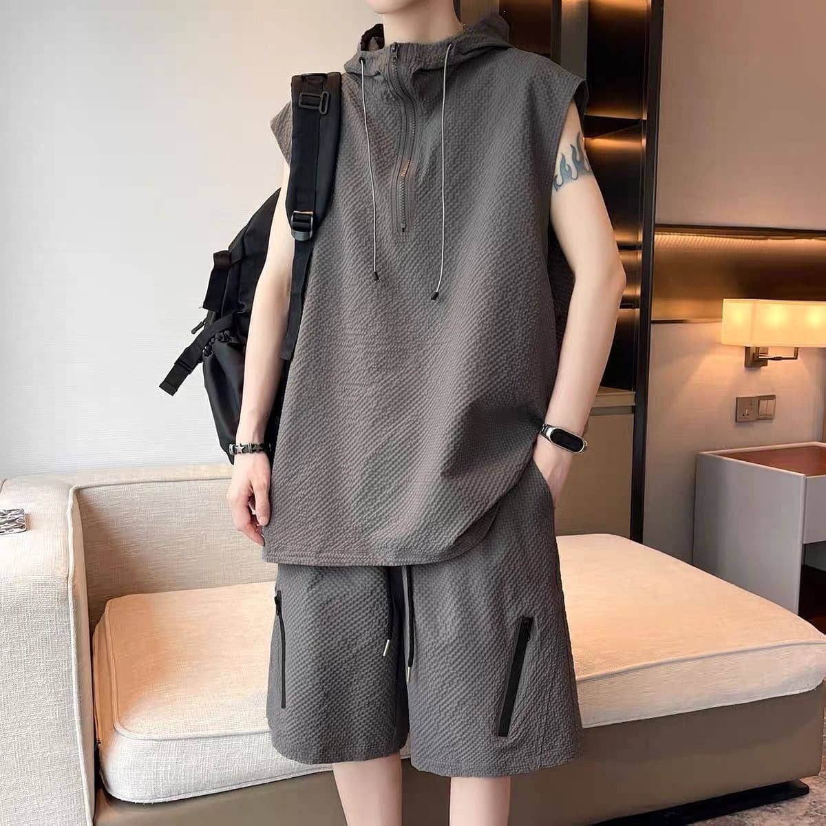Ice Silk Casual Sport Suit Men's Summer Hooded Fashion Vest Tank Top Youth Sleeveless T-Shirt Shorts