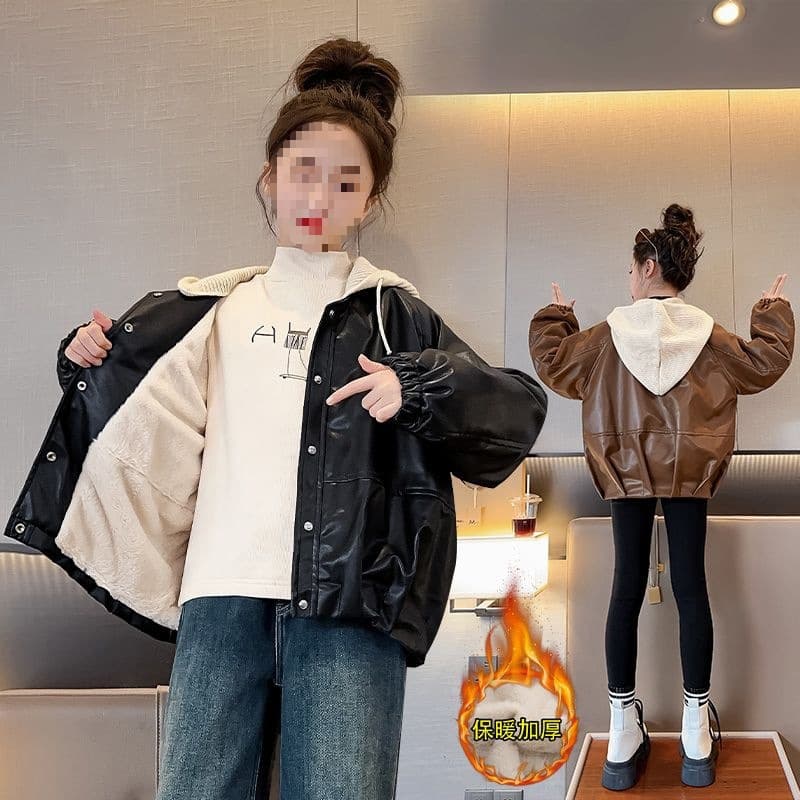 Girls' Hooded Leather Jacket, 2025 Autumn New Style, Retro Fashionable Winter Outerwear, Cotton