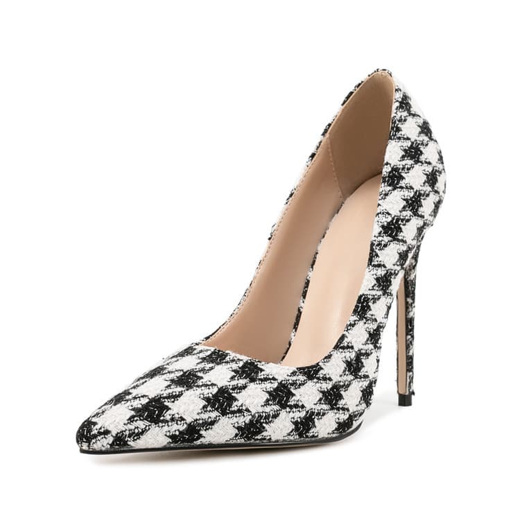 European and American black and white houndstooth pointed toe stiletto heel pumps, size 47 large size, runway model host party dance heels