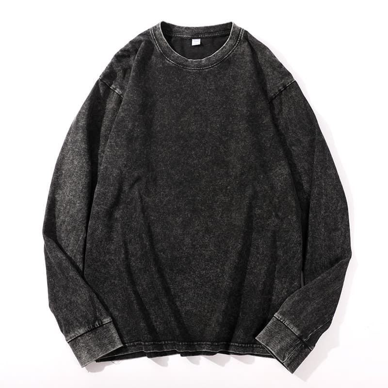 Washed Distressed Long Sleeve Cuffed Pure Cotton Color T-Shirt Autumn New Arrival American Retro Unisex Plus Size Loose Fit