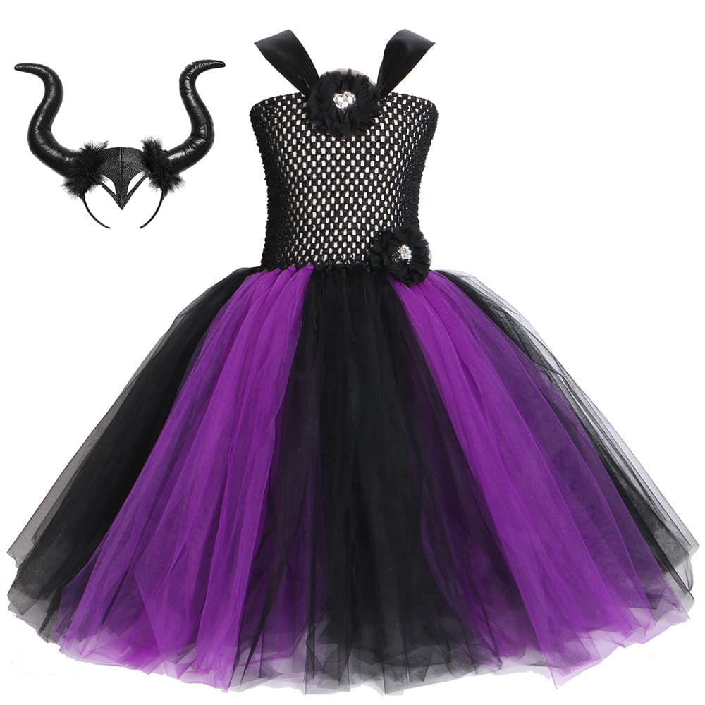 Maleficent Black Witch Costume European and American Children's Halloween Long Dress Girls Tulle Princess Gown