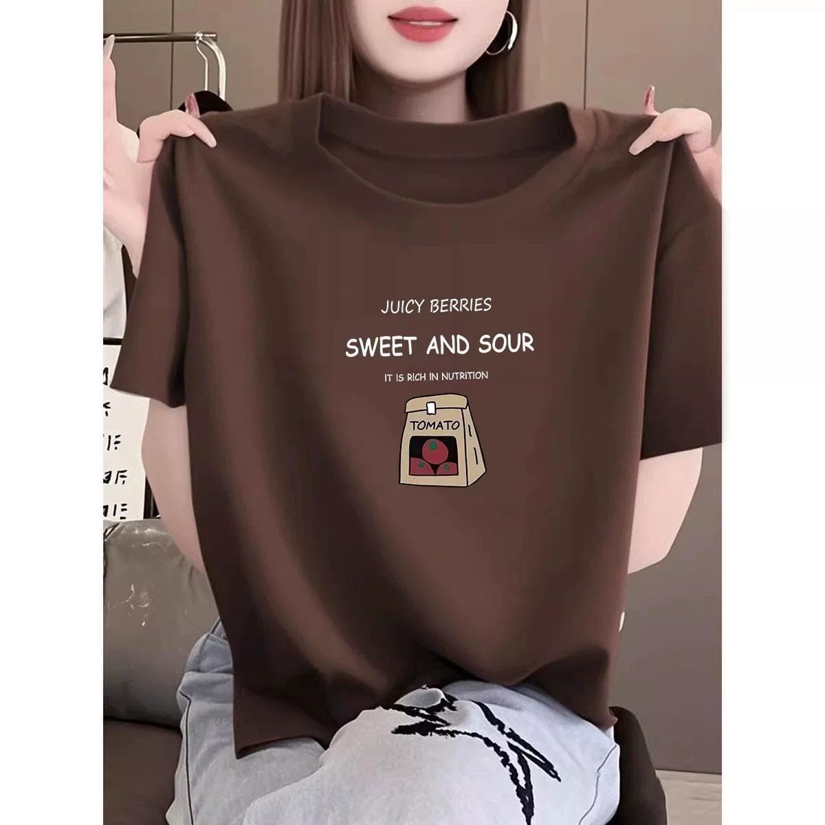 New Versatile Pure Cotton Short-Sleeve Women's Fashion Casual Trendy Brand Round Neck Printed Sweet Coffee Color T-Shirt Top