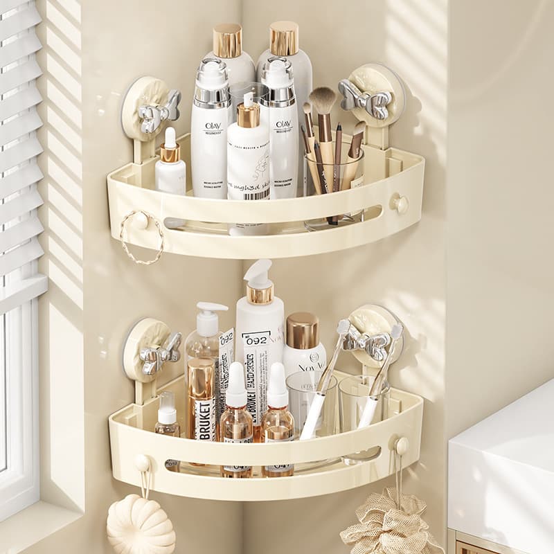 Cream-colored Suction Cup Shelf, Bathroom No-drill Multi-layer Triangle Storage Rack, Multi-functional Corner Stand