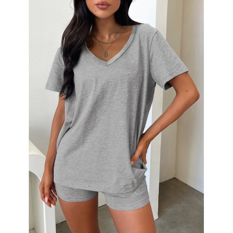 GD European & American Independent Station AliExpress 2025 Short Sleeve Spring/Summer New V-Neck Casual Solid Color Fashion Set