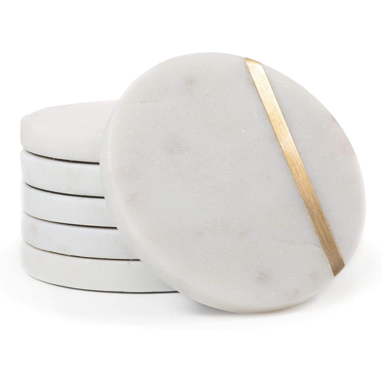 Customizable White Marble Round Coaster with Copper Strip Pattern