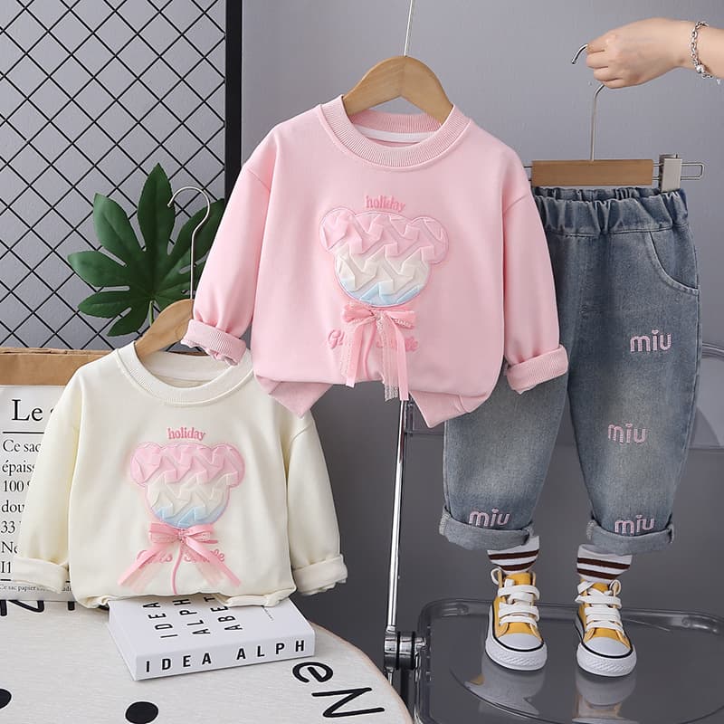 Girls Autumn Hoodie Set Spring 2024 New Kids Baby Sporty Two-Piece Set with Jeans Trendy