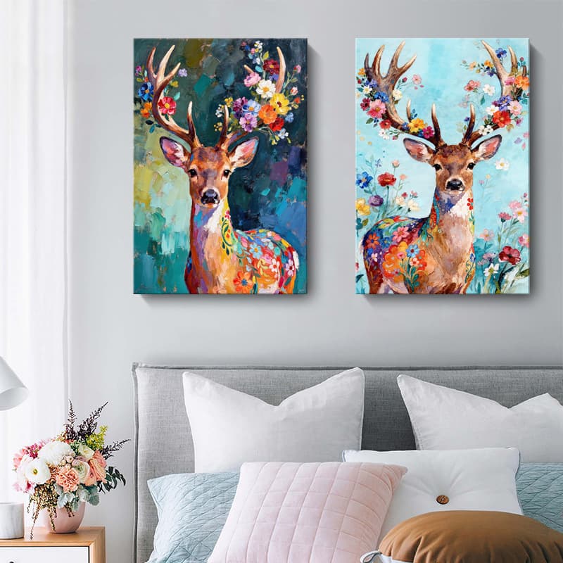 Luxury Elk Decorative Painting Living Room Colorful Deer Flower Dining Room Bedroom Hanging Art, Cross-Border Framed Canvas Spray Painting