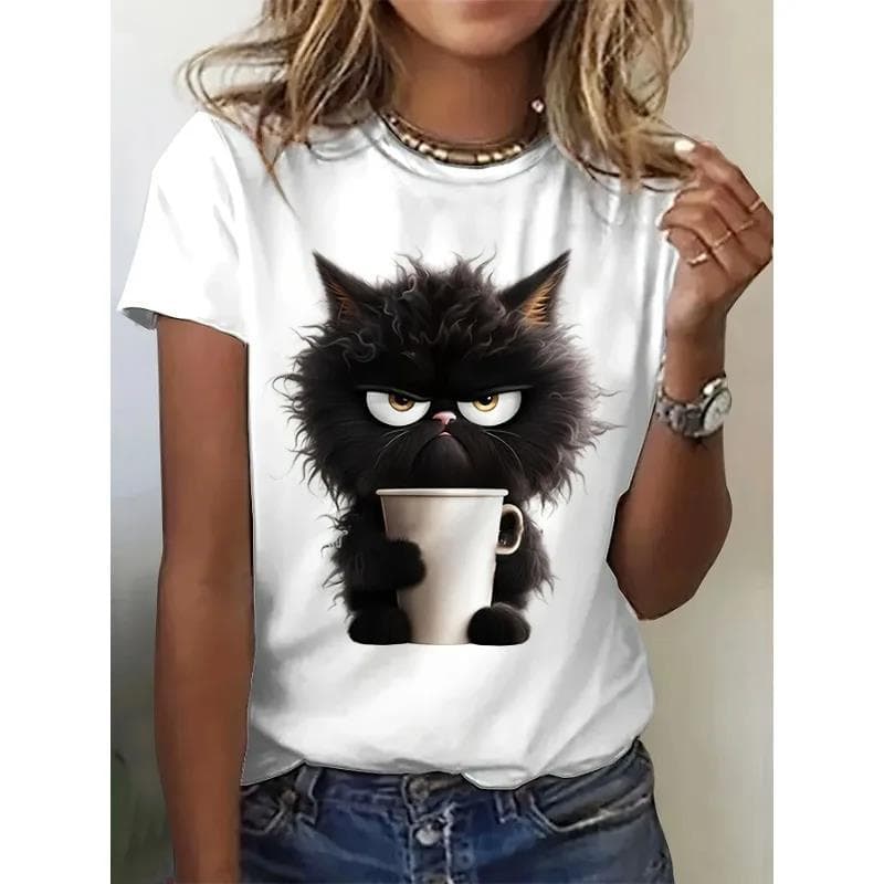 Cute Cat Pattern Printed T-Shirt Casual Short Sleeve Round Neck Top Women's Spring Summer Fashion Polyester Fiber Crew Neck
