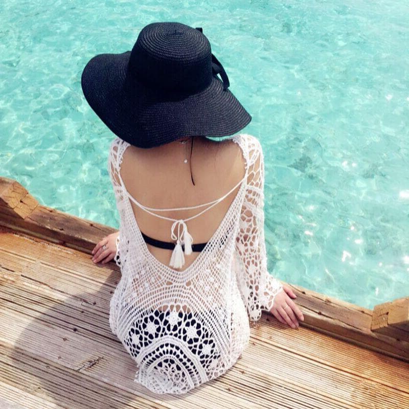 Amazon Beach Vacation Sun Protection Clothing Sexy Hollow Lace Crochet Backless Dress Bikini Blouse