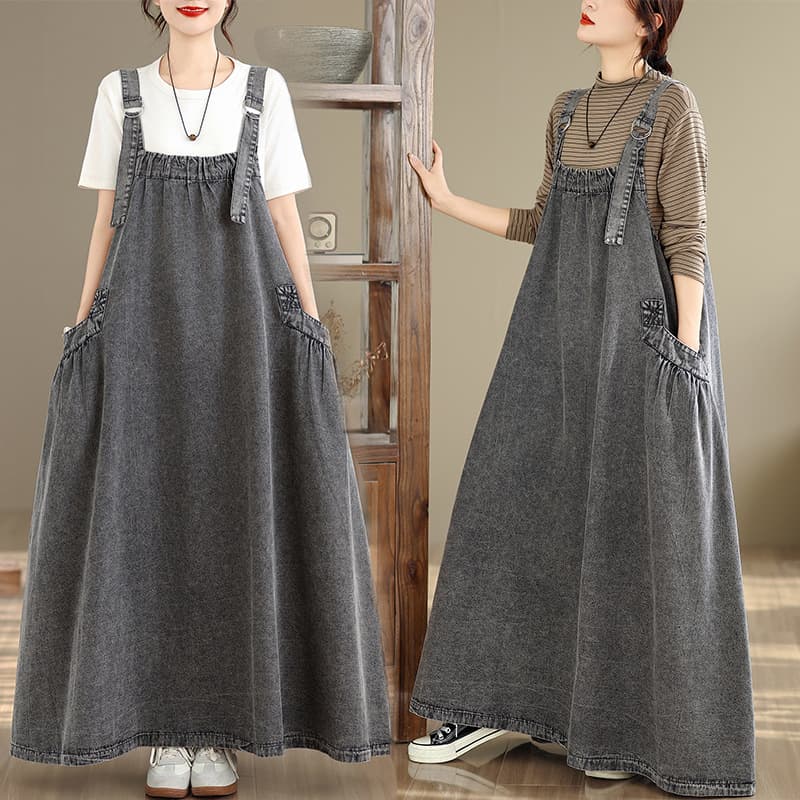 Spring, summer and autumn long skirt for women, retro loose slim denim suspender skirt, long swing dress