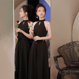 Black Evening Gown Women 2026 New Halter Long Dress Host Art Exam Banquet Elegant Everyday Wear Slimming