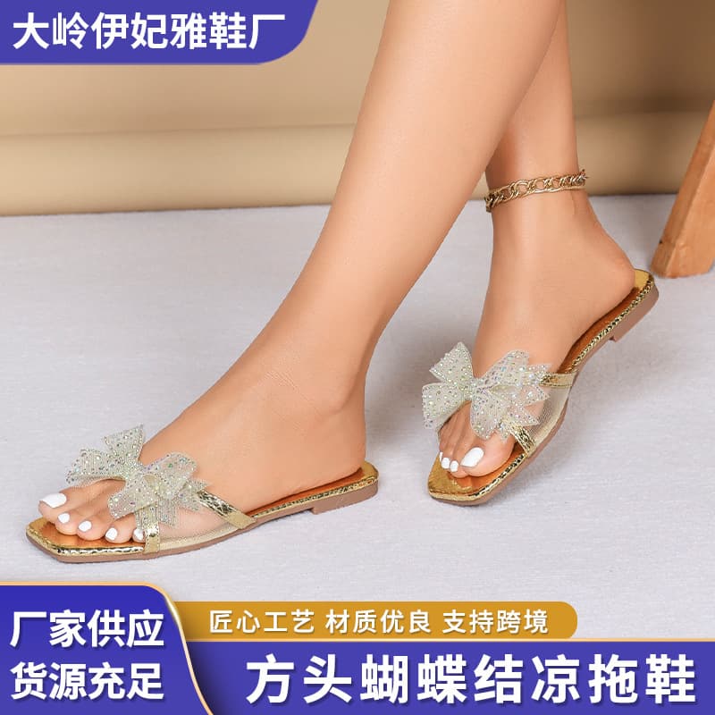 Simple Square-Toe Thin-Strap Mesh Bowknot Sandals Without Heel, Suitable for Commuting, with Wear-Resistant Rubber Sole, Fashion Slippers