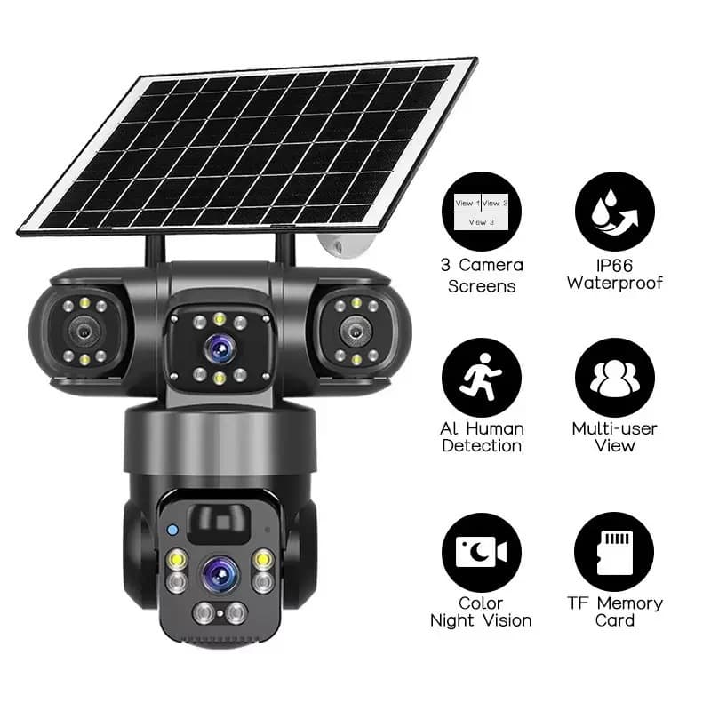 V380 Panoramic 360-Degree Three Views Three Lenses Wireless WiFi/4G Solar Camera Surveillance Gun-Ball Integrated