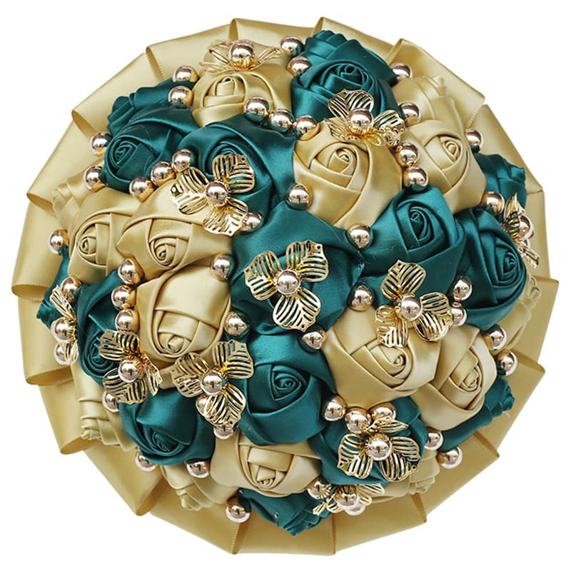In-stock gold pearl bridesmaid bouquets with ribbons and roses, DIY wedding church decorations W305
