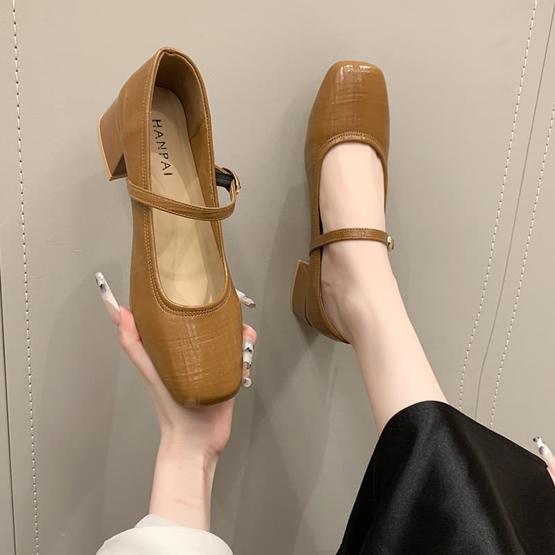 Square Toe Mary Jane Shoes Women 2026 Spring New Style Buckle Mid Heel Shallow Mouth Shoes Korean Style Chunky Heel Fashion Shoes