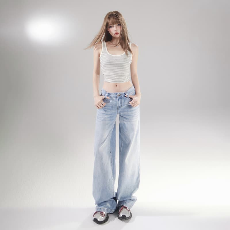 YC & American Vintage Y2K Low Waist Loose Straight Leg Jeans with Draping Texture, Versatile Spring Summer Denim Pants for Women, Extended Length