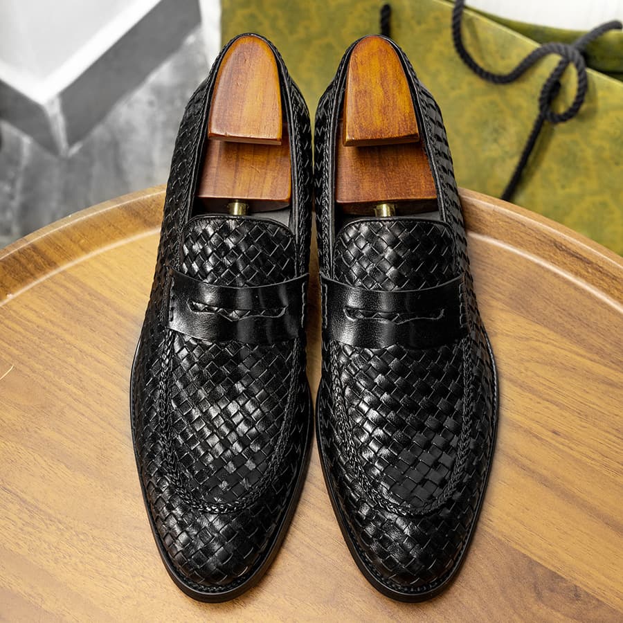 Men's Business Casual Shoes Leather Woven Loafers Low Cut Breathable Wear Resistant Rubber Sole Comfortable Alligator Pattern