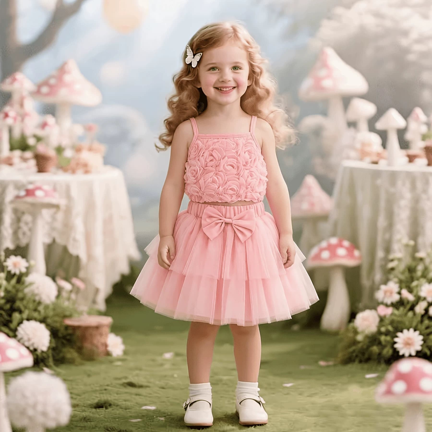 Cross-border ins infant and young girl baby summer suspender flower short top bow half-length mesh skirt