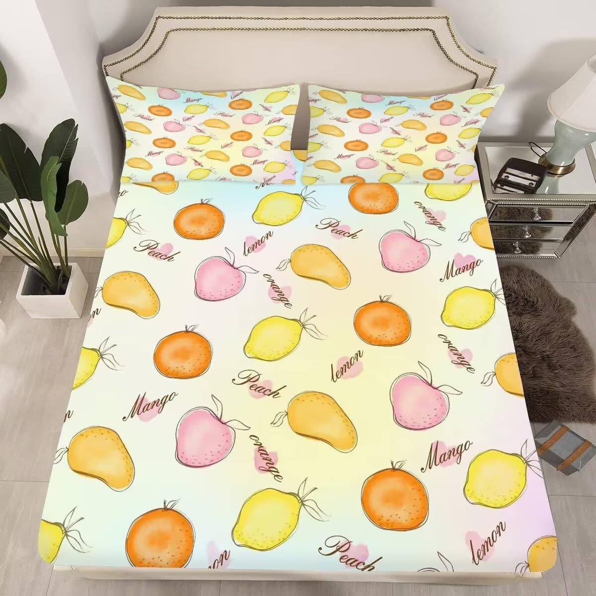 Fruit Lemon Pattern Fitted Sheet 3-Piece Set Digital Print Cross-Border Bed Sheet Bedding Set for Adults and Children