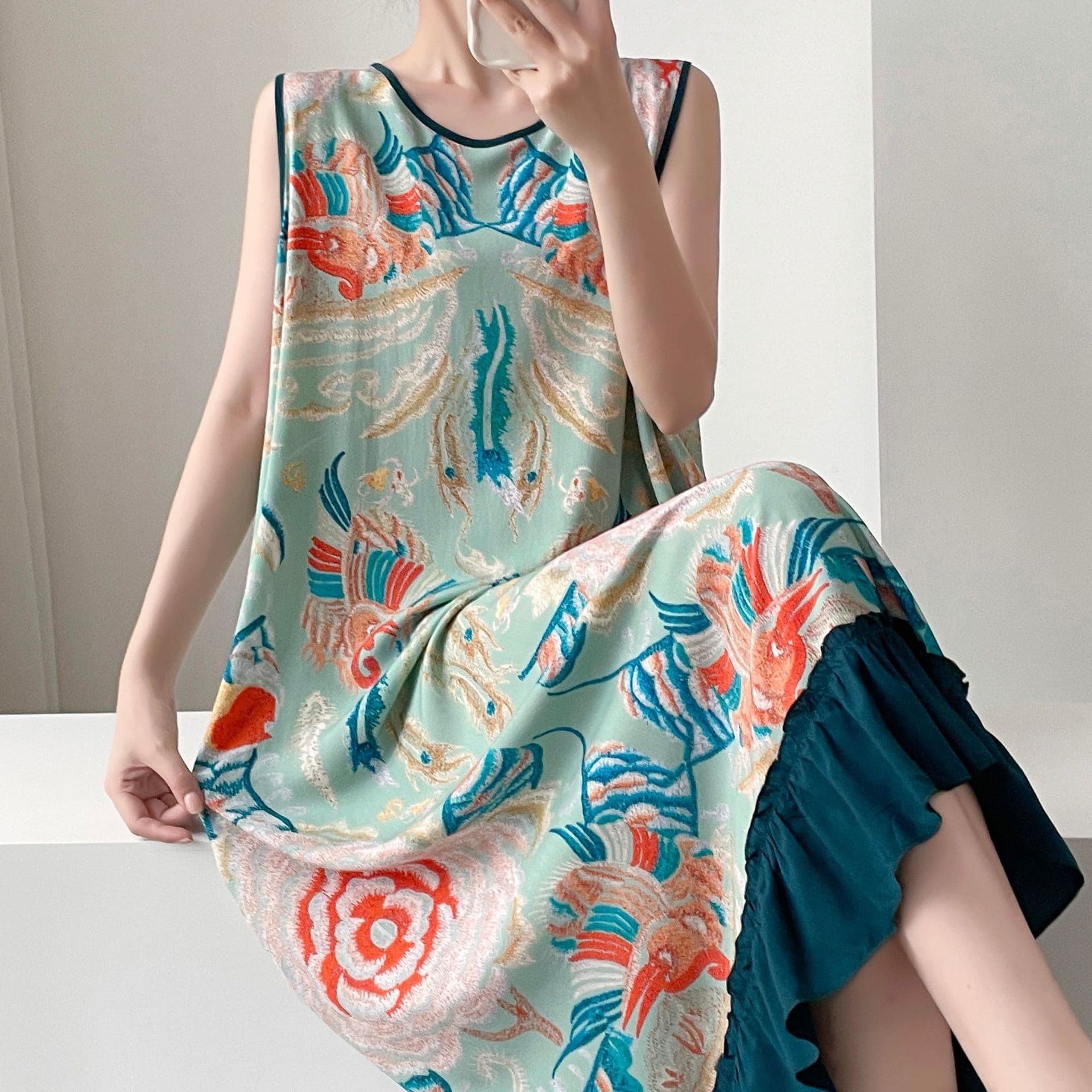 New Chinese Style National Trend Printed Vest Nightgown Women's Summer Thin Cotton Silk Homewear Wear-Out Maxi Dress