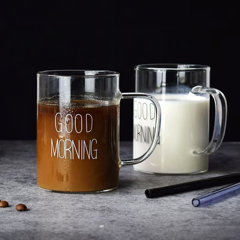 High borosilicate glass cup with handle and printed letter water cup, heat-resistant cookable breakfast cup, juice cup, can be printed on the water cup