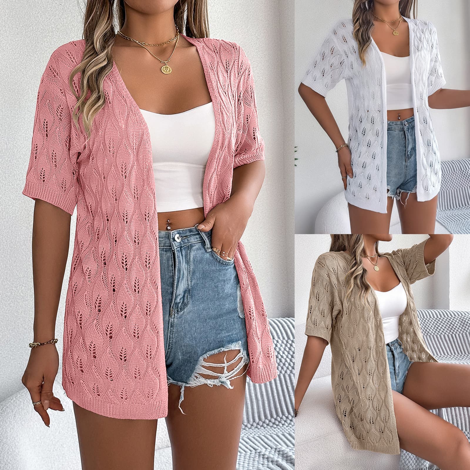2025 Summer Hollow Leaf Short Sleeve Knit Cardigan Vacation Sun Protection Shirt Amazon European and American Cross-border Women's Clothing