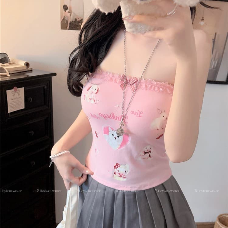 10149# Sweet and Spicy Youthful Girl Printed Tube Top Summer Slim Fit with Padded Short Inner Layer Top
