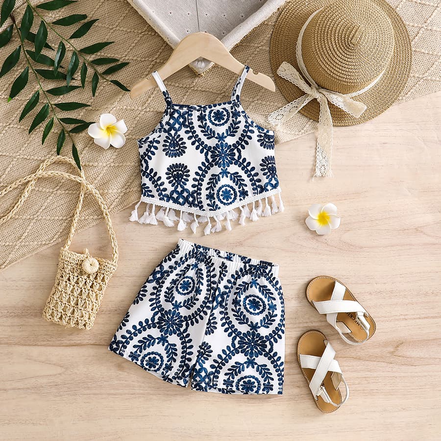 Kids Summer Outfit Set for Girls - White Top with Blue Floral Print, Tassel Straps, and Loose Shorts, 2-Piece Set