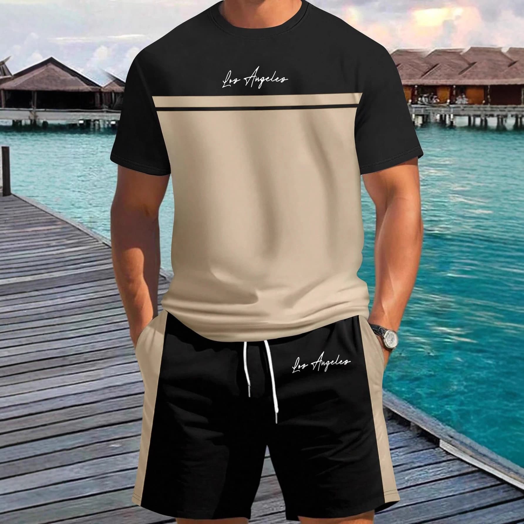 Fashionable Summer New High-Quality Men's Casual Outdoor Sports Gradient Pattern Print Short Sleeve and Shorts Two-Piece Set