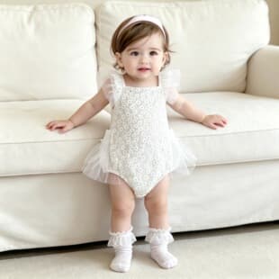 Baby Summer Clothes for Newborn Girls, White Lace Bodysuit, Full Moon 100 Days Celebration Party Dress Romper