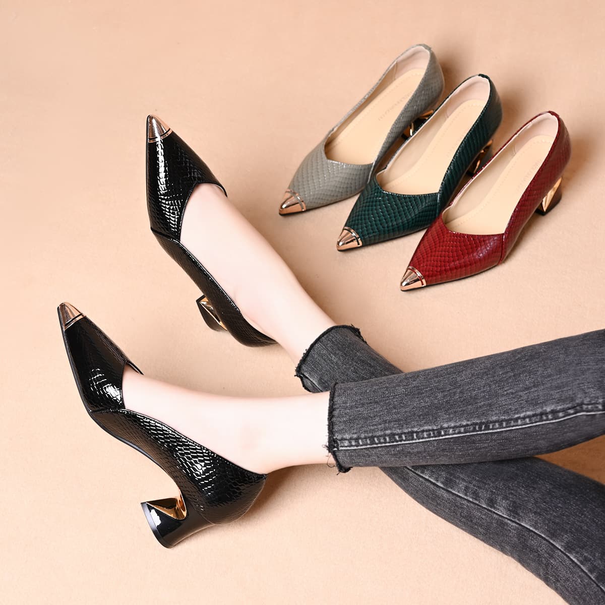 Top Layer Cowhide Pointed Toe Elegant Low Heel Shallow Mouth Women's Shoes French Style High Heel Women's Versatile Shallow Mouth Chunky Heel Shoes Heels
