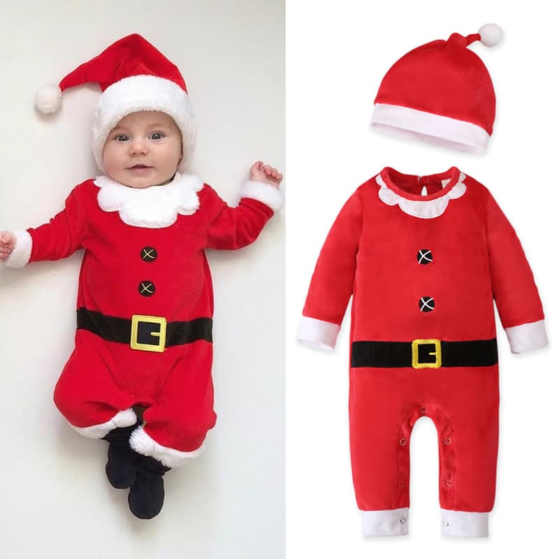 Boys' Autumn/Winter Santa Claus Long-Sleeve Romper Bodysuit + Hat 2-Piece Set