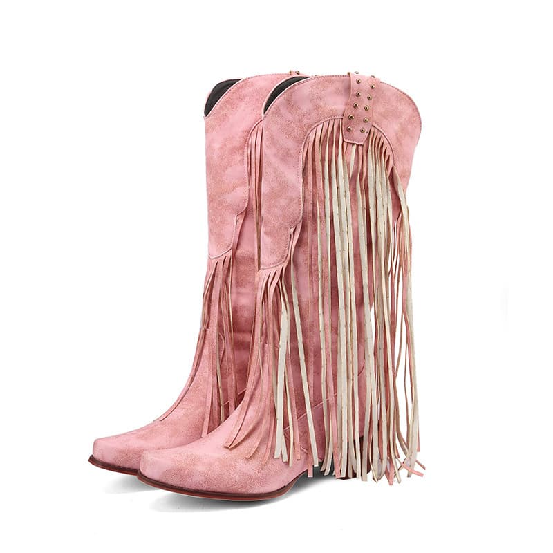 Cross-border Trade Women's Long Western Cowboy Boots Autumn Rivet Fringe Boots Square Toe Chunky Heel High Boots 40-43