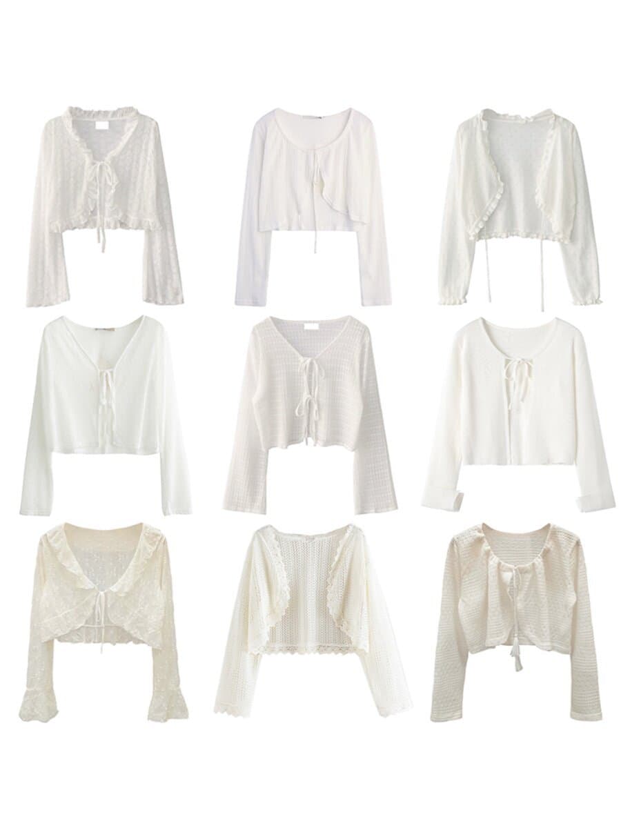 Soft-style ruffled thin knit cardigan for women, new summer loose-fit tie-front sun-protection cardigan jacket