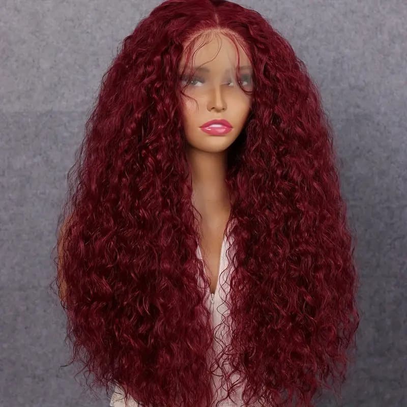 Cross-Border European and American Fashion Lace Front Wig Burgundy Middle Part Long Curly Hair Foreign Trade African Small Curly Wigs in Stock