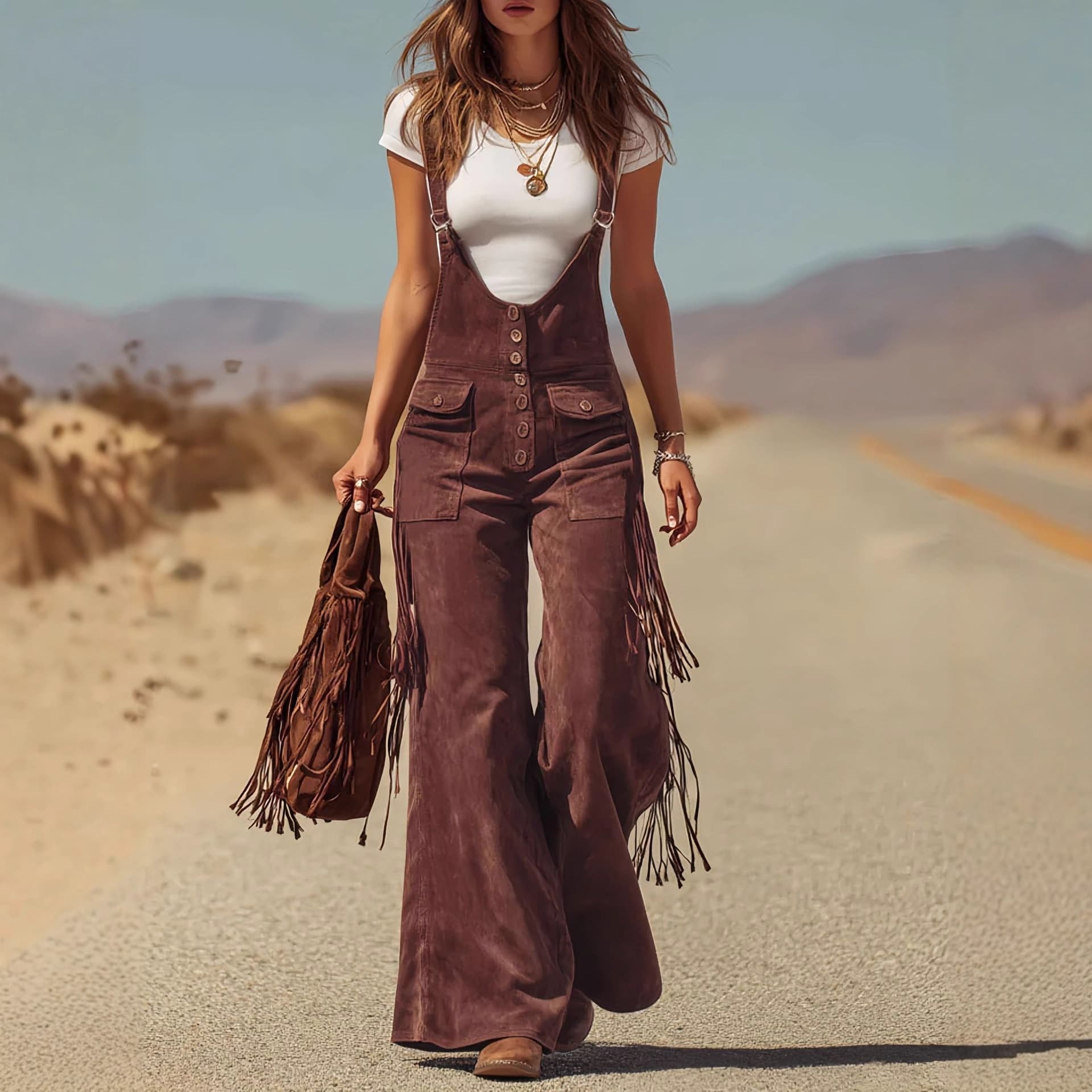 Amazon Best-Selling Women's Retro Western Suede Fringe Wide-Leg Suspender Pants Overalls for Cross-Border US and EU Markets
